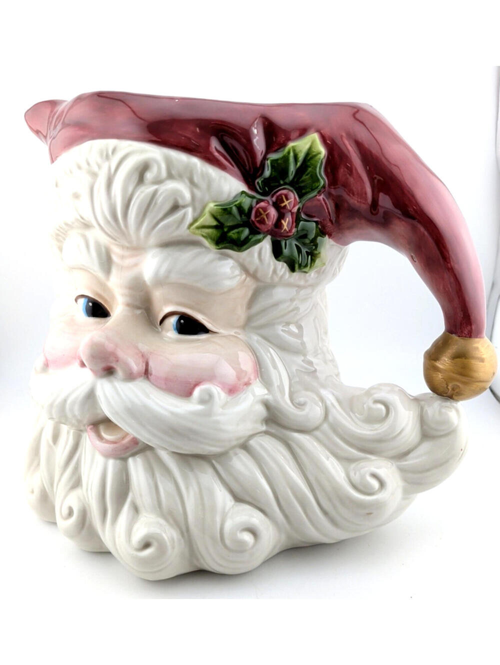 VTG Ceramic Christmas Santa Claus Head Pitcher Holly Gold Bell Hat Handle *READ*